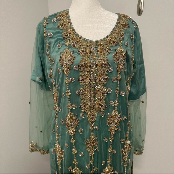 Mint Green and Gold Three-Piece Salwar Kameez Heavy Stonework| Size Approx Large - Picture 1 of 14